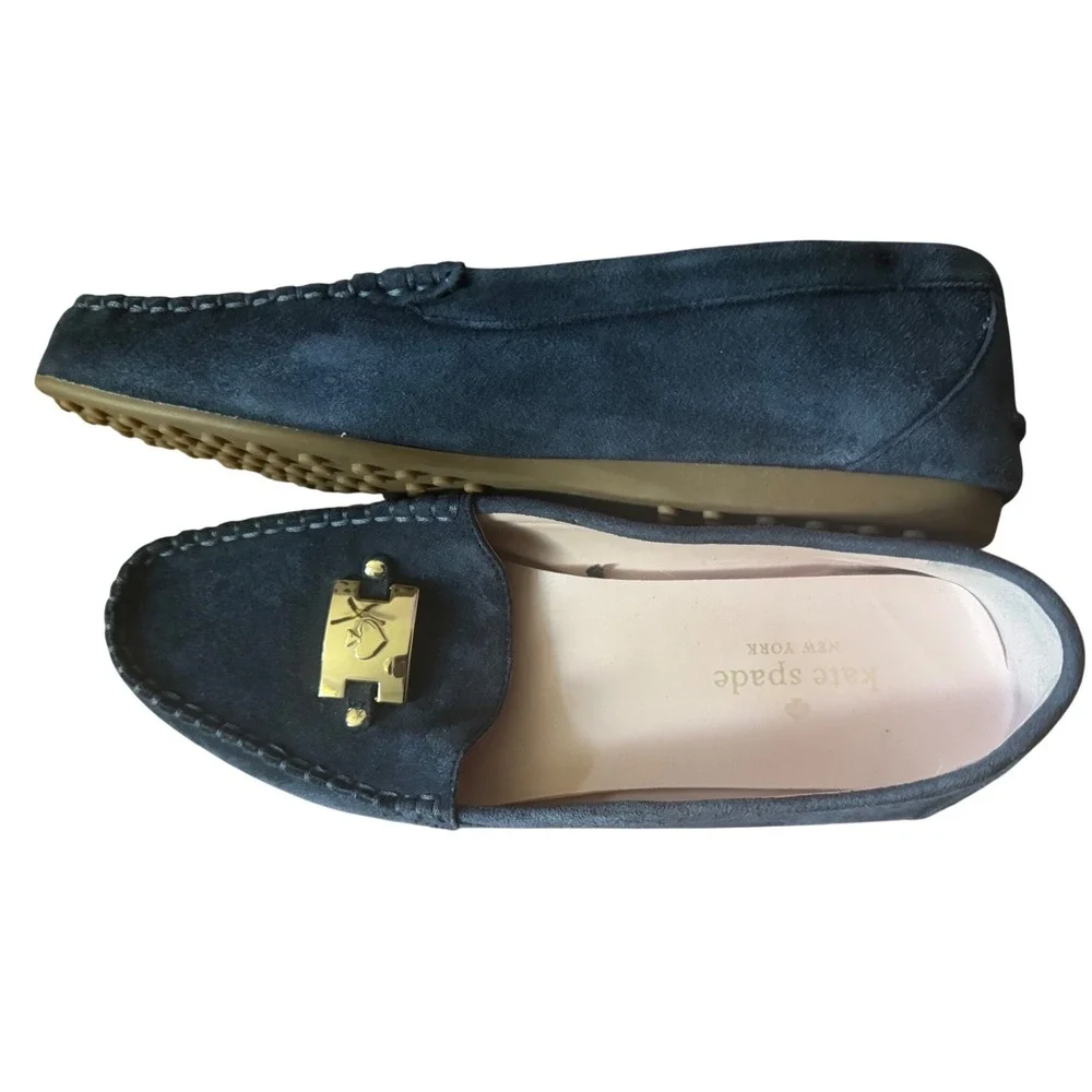 Kate Spade Blue Navy Suede Flat‎ Loafers Driving Mocassins Shoes Gold Hardware 8